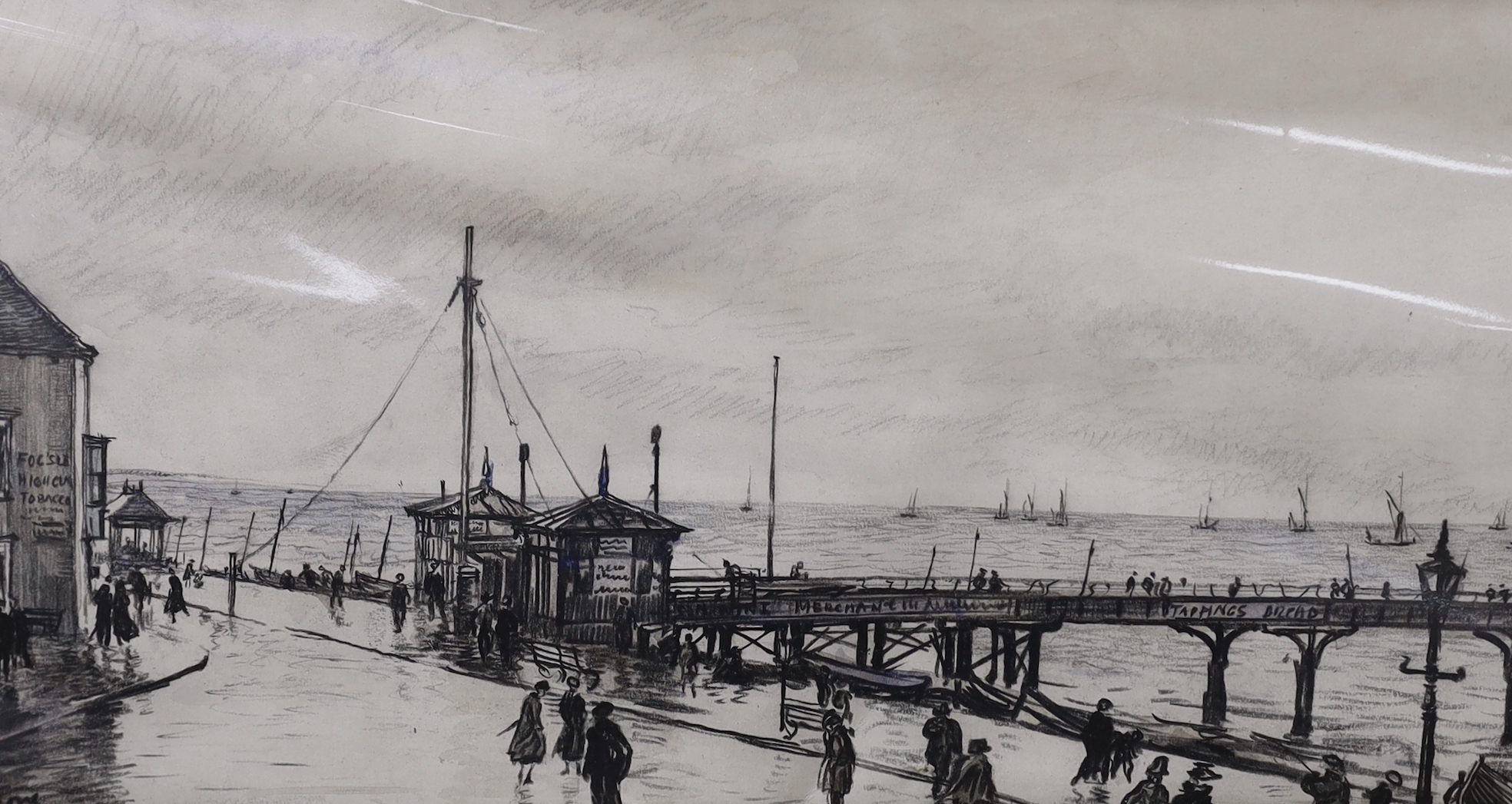 Sir David Muirhead Bone (Scottish, 1876-1953) ink and wash drawing, 'Deal Pier 1920-30', signed, with Albert Roullier Art Galleries inscribed label, mounted, unframed, 12.5 x 24.5cm